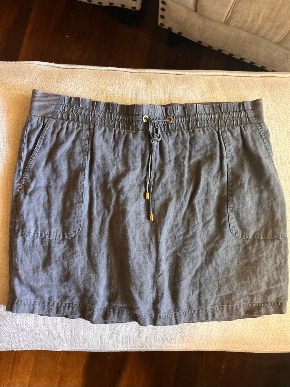 Ellen Tracy 100% Linen Gray Skort Large Elastic Waist Pockets Vacation Casual
